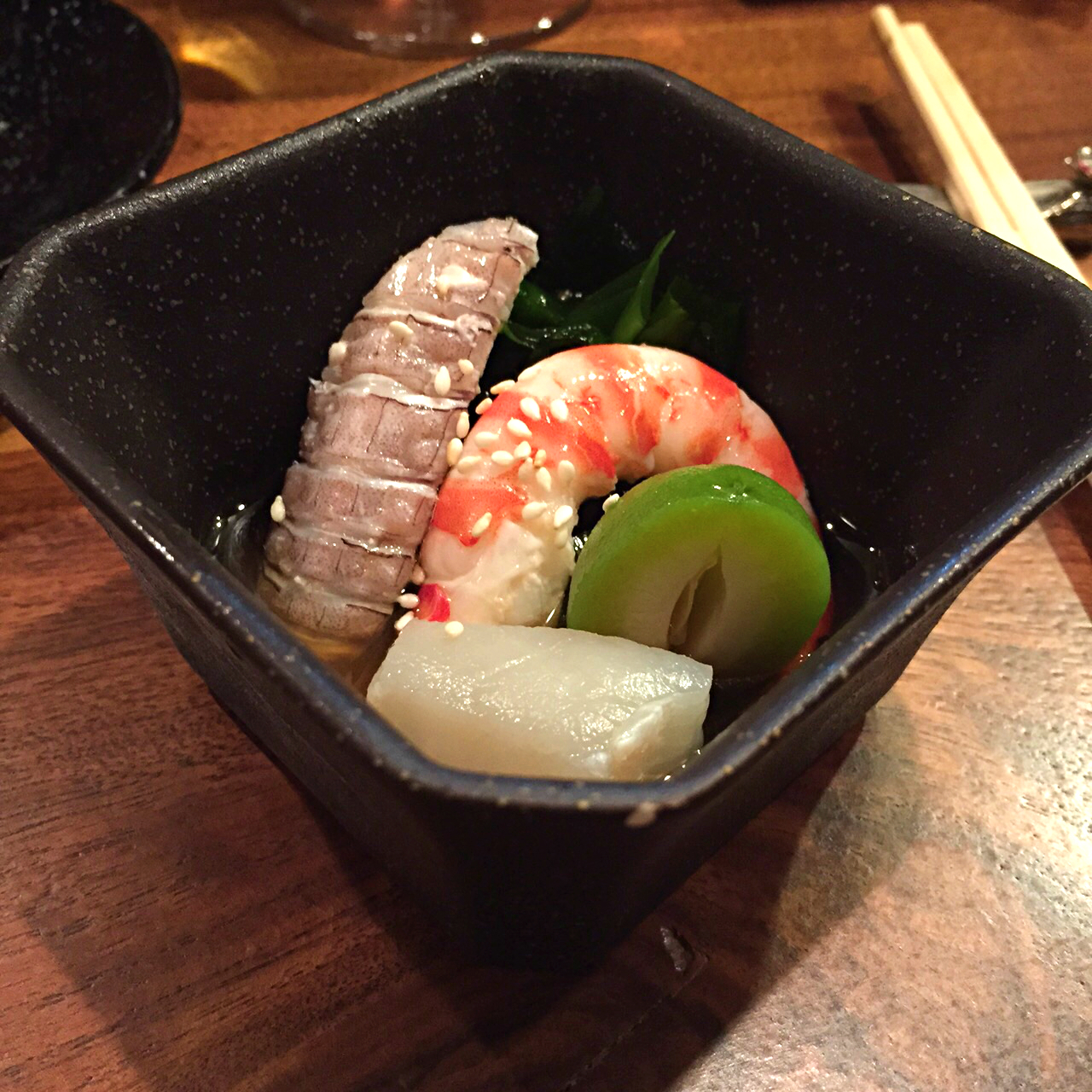 Yamakase shrimp, scallop, baby green peach