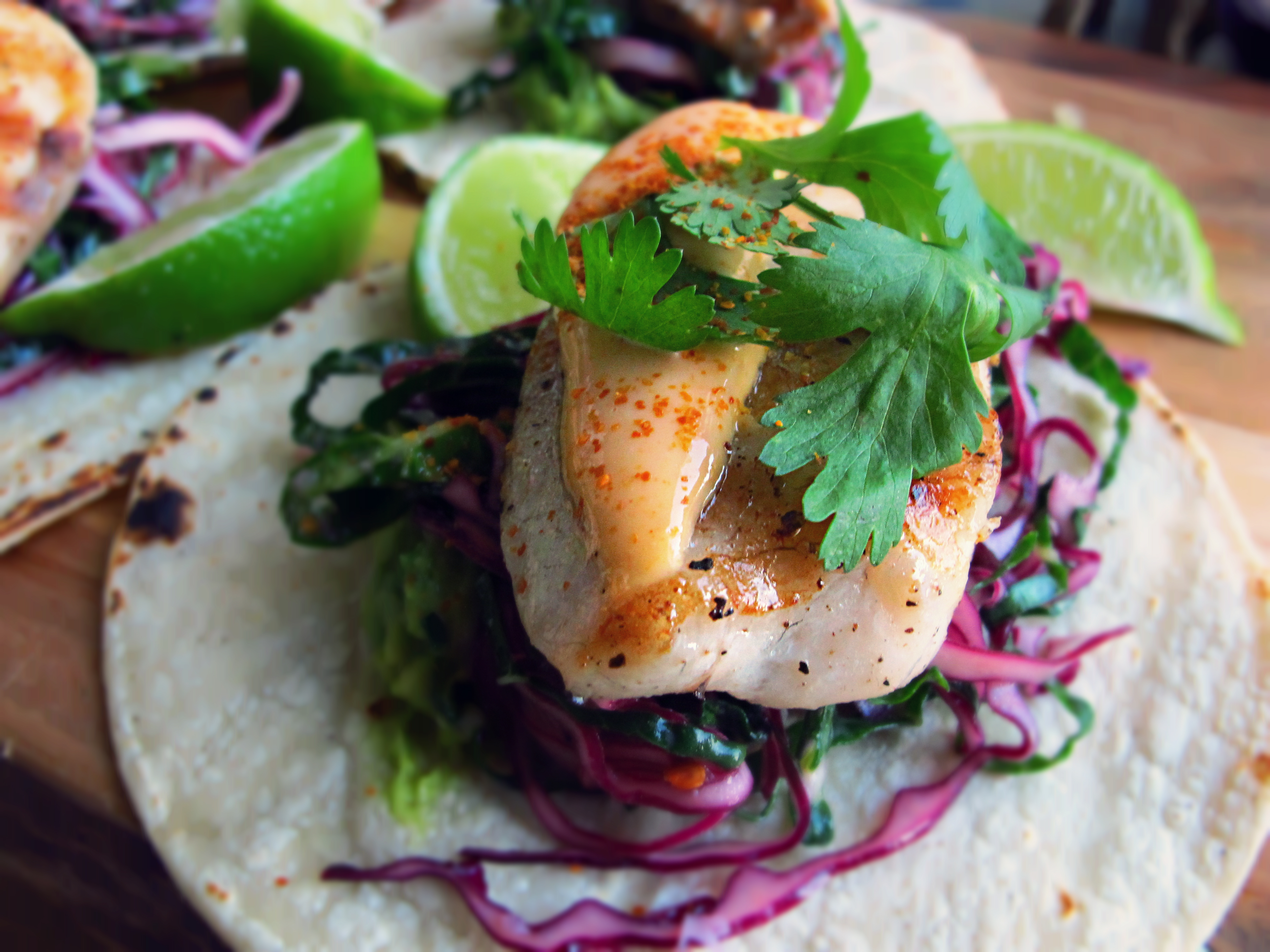 grilled tilapia on a bed of kale and red cabbage slaw