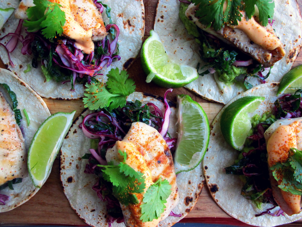 Fish Tacos with an Asian Red Cabbage and Kale Slaw