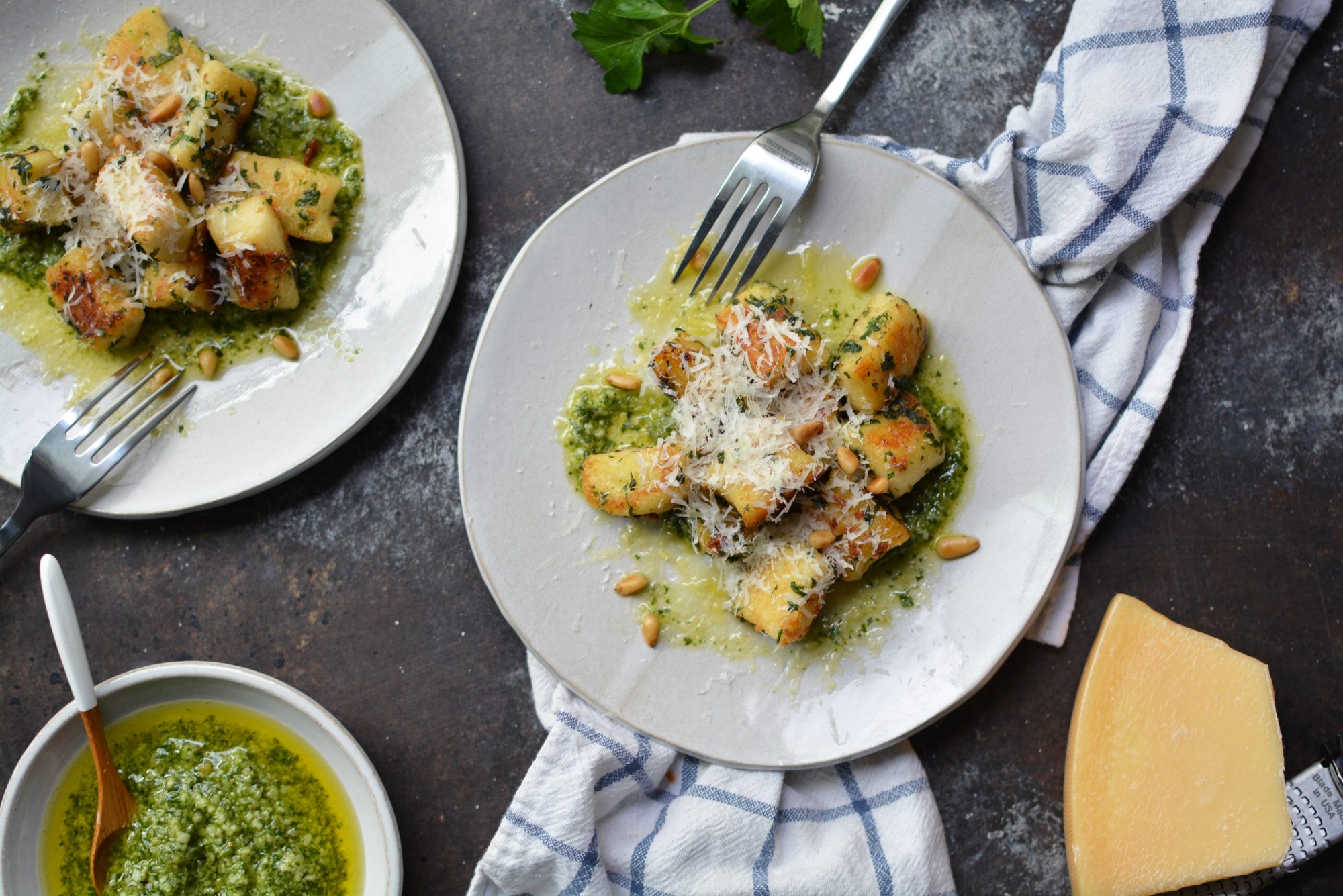 Fried Gnocchi with Garlic, Herbs, and Pesto