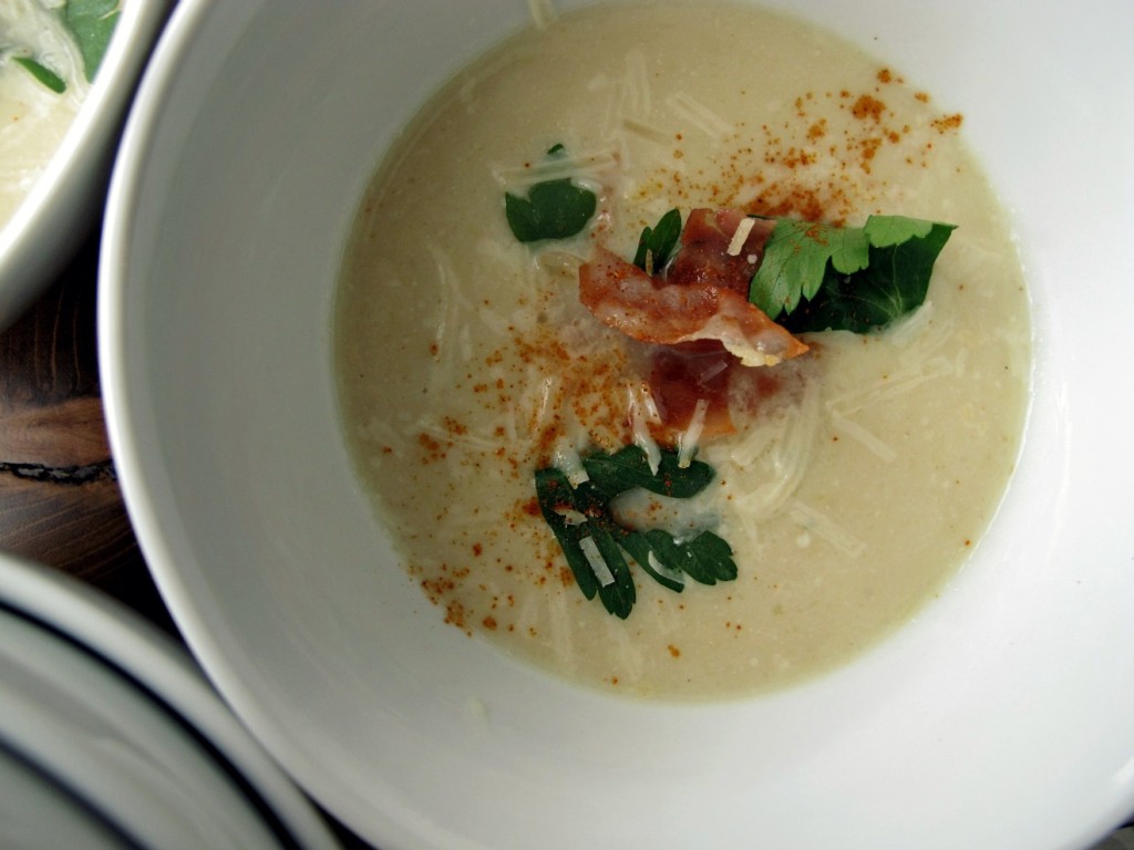 Cauliflower Leek Soup with Crispy Prosciutto