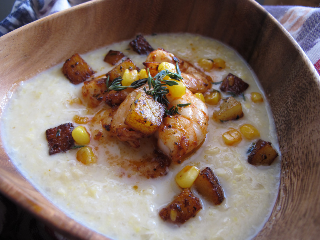 Corn Soup with Shrimp and Spiced Potato Croutons