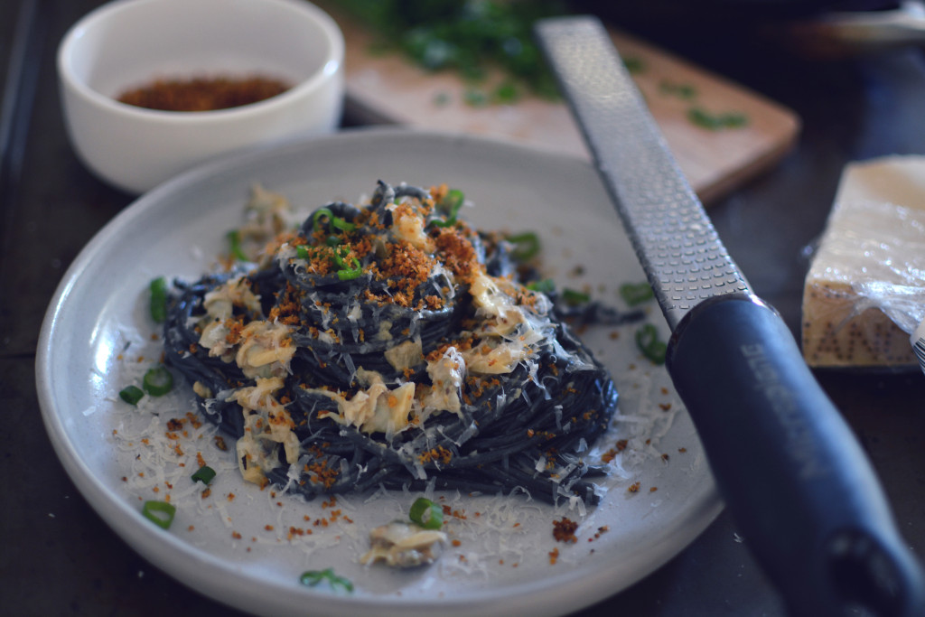 Squid Ink Pasta with Sake Miso Sauce and Clams